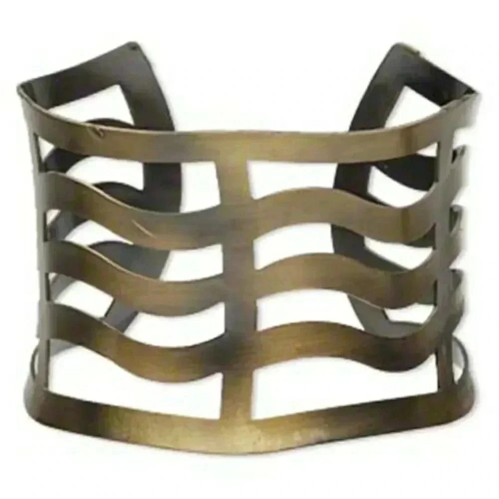 Mid Century Modernist Style Antiqued Brass Wave Cutout 48mm Wide Cuff Bracelet